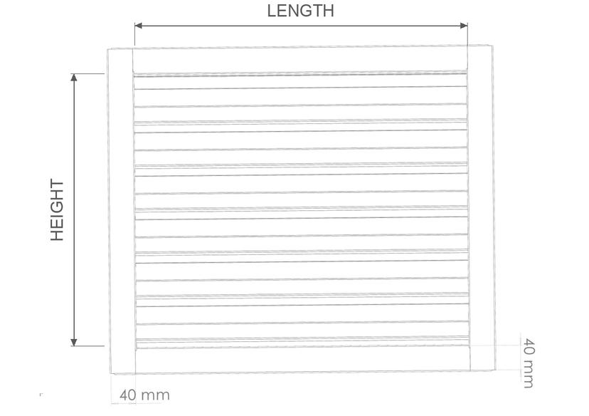 Front view of the grille showing length (horizontal) and height (vertical)
