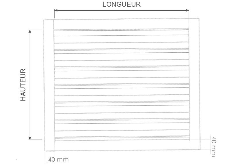 Vue de face de la grille indiquant la longueur (horizontale) et la hauteur (verticale)